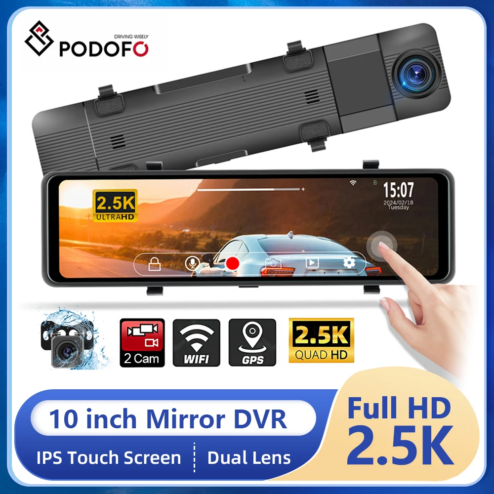 

Podofo Car Mirror DVR 10inch Rearview Mirror Recorder Full Hd 2.5K Black Box Automobile Dash Cam Dual Lens Video Recorder DVR