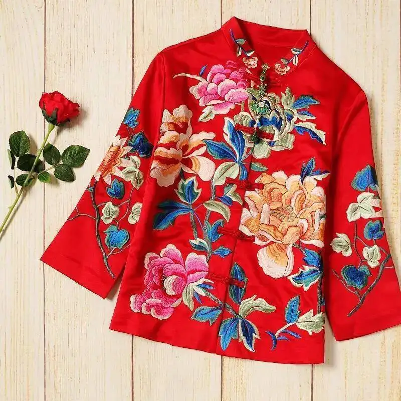 

Peony Flower Embroidery Vintage Tang Suit Jacket Women Long Sleeve Single-breasted Loose Stand Collar Chinese Style Outerwear
