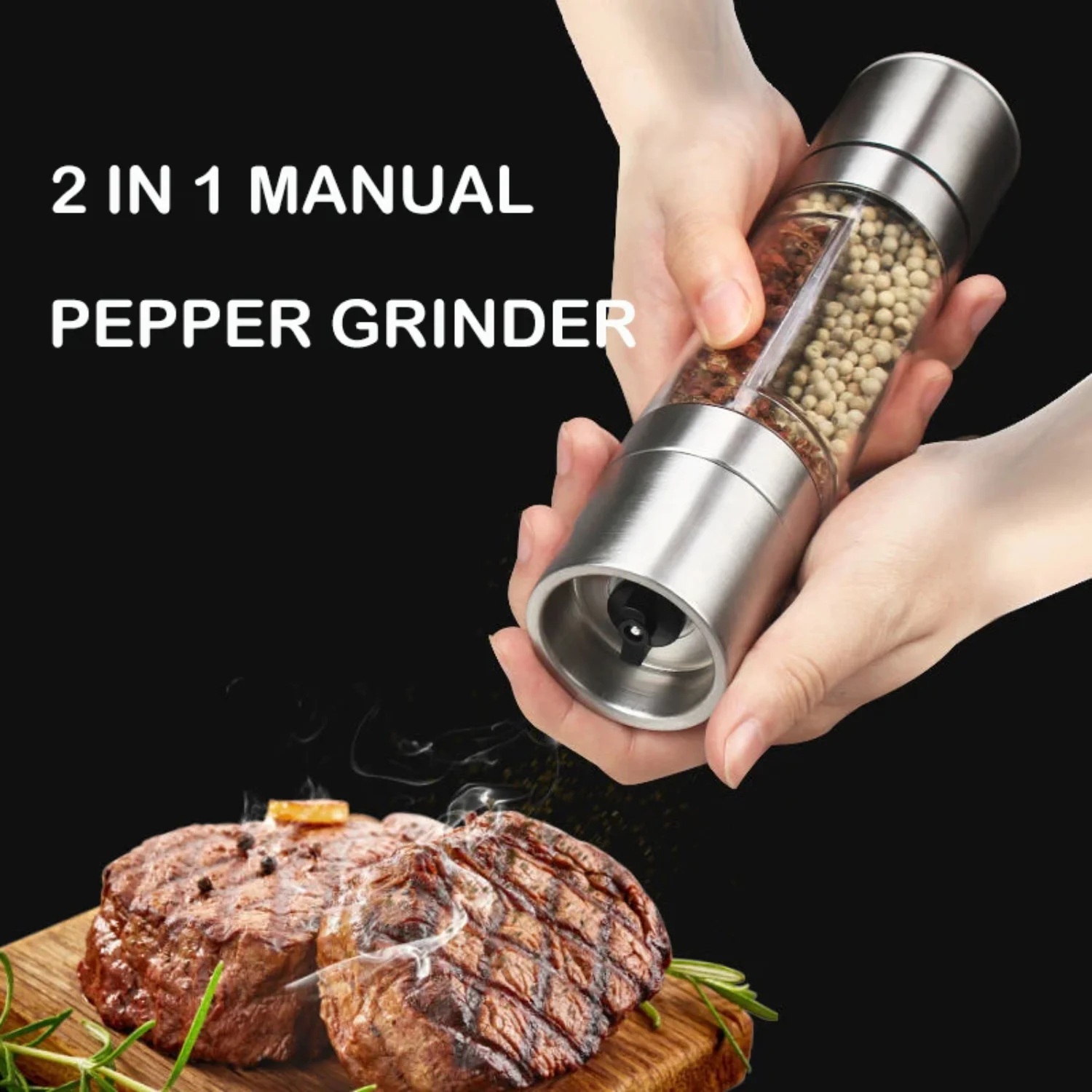 2-In-1 Stainless Steel Salt and Pepper Grinder Mill - Adjustable Dual Head Kitchen Grinding Gadgets for Herbs, Spices, and Peppe