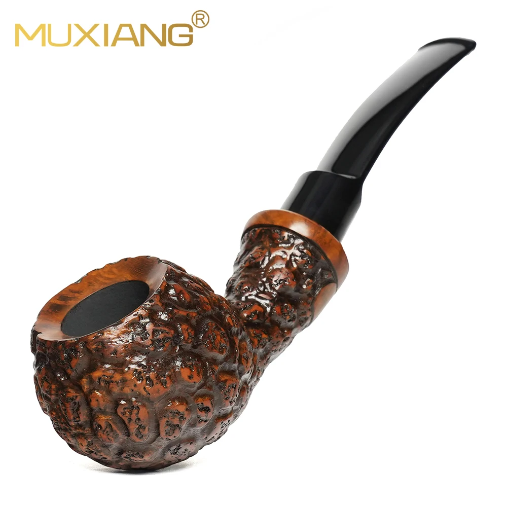 MUXIANG Handmade Briar Wood Carved Smoking Pipe Curved Stem 9mm Filter Retro Portable Tobacco Pipe Collectible Art Men Gift
