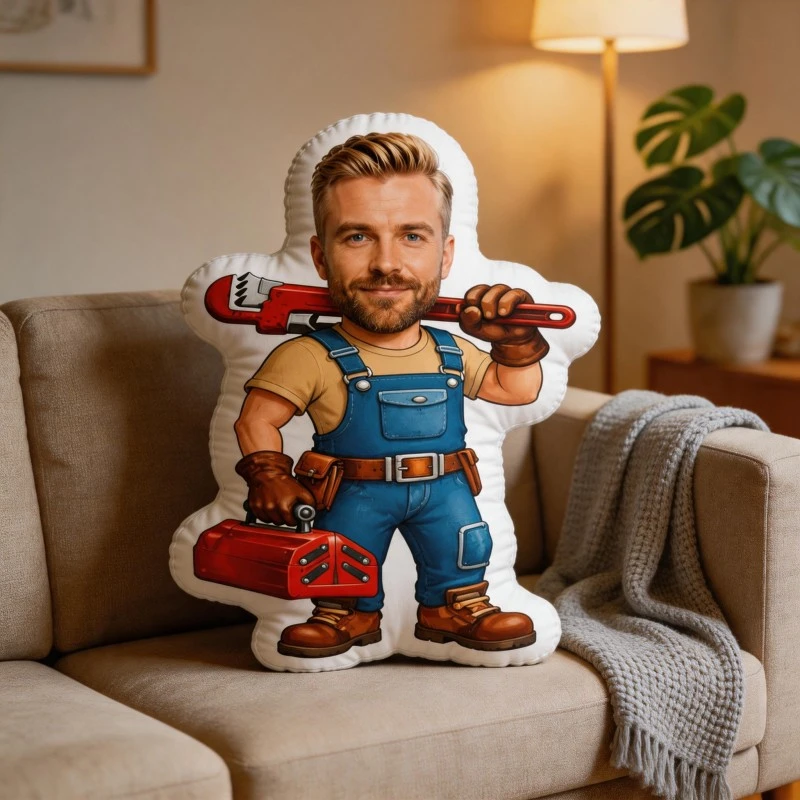 Custom Personalized Photo Shaped Pillow, Blue Overalls & Tool Wrench Worker Style Decorative Cushion, Unique Home Decor Accent f