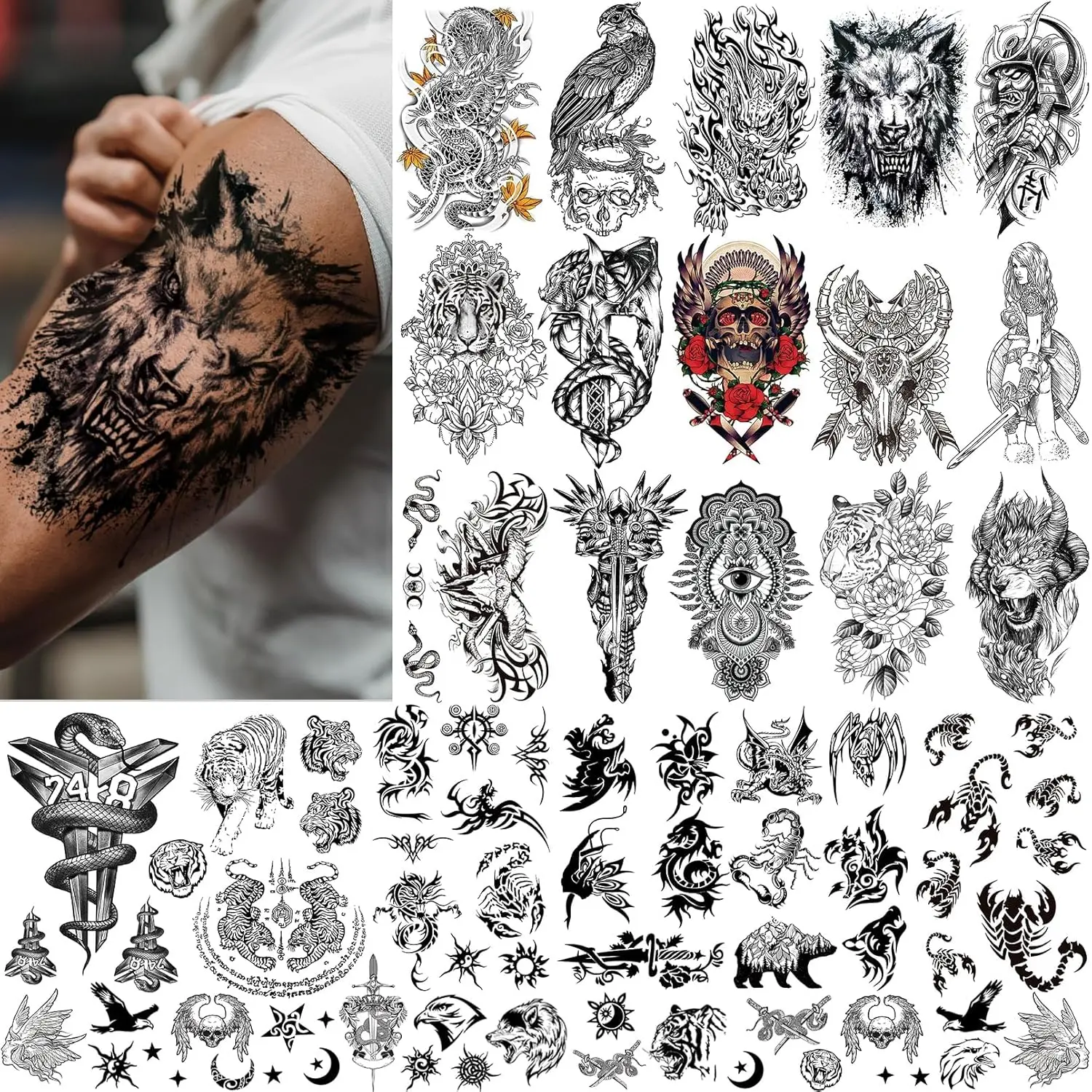 

Realistic Temporary Tattoo Stickers,16 Sheets Fake Body Arm Chest Shoulder Tattoos for Men or Women
