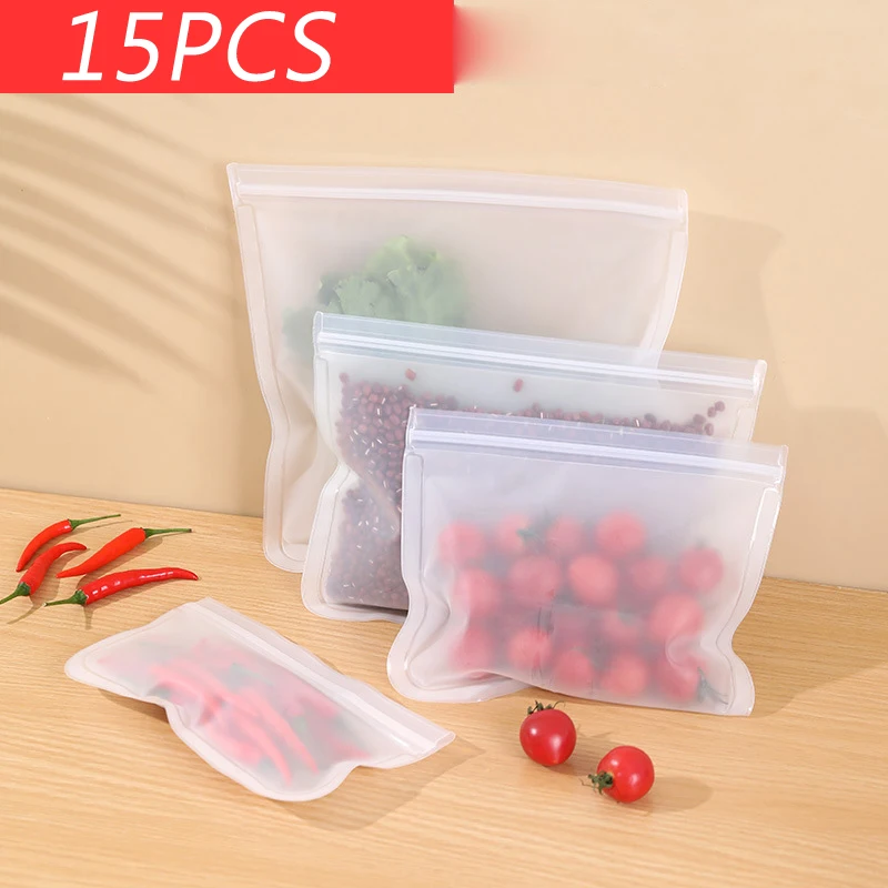 

15Pcs EVA Silicone Snack Fruit Packing Organizer Reusable Food Storage Bag LargeSize Leakproof Ziplock Bag Double Sealed Freezer