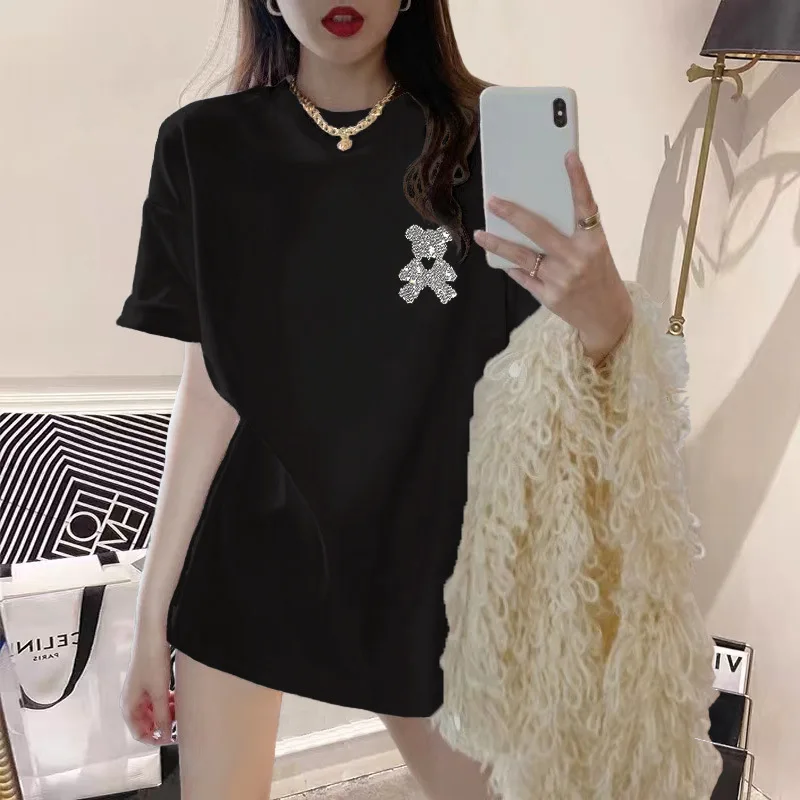 

2024 New American Fashion Fashion Brand Casual Top Combed Cotton Women's Black Diamond Teddy Bear Loose Short sleeved T-shirt