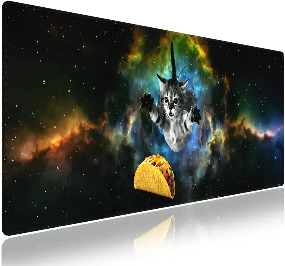 Galaxy Cat Large Desk Mouse Pad, Cute Space Kitten Taco Colorful Nebula Outer Space Scene Art Print, Non‑Slip Mat For Gaming