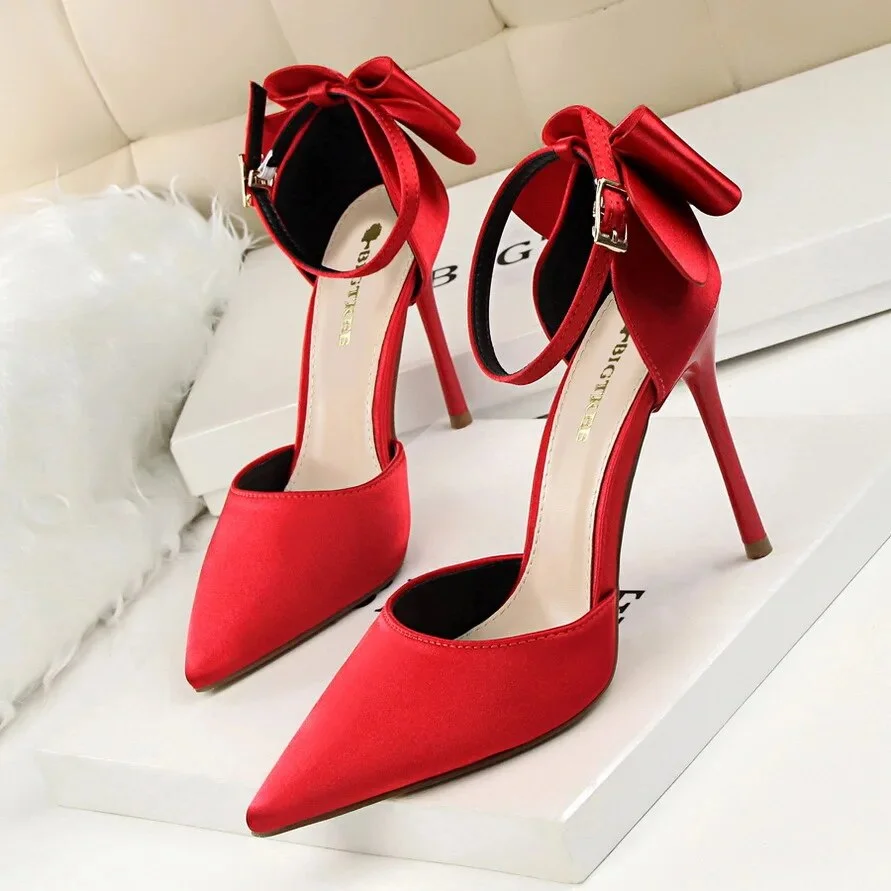 5196-1 Sweet Women Shoes Ultra-High Heels Shallow Pocket Tip Velvet Hollow Out Back Butterfly Knot One