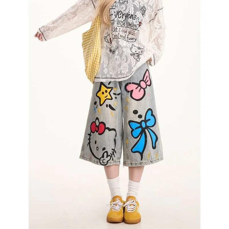 Sanrio Hellokitty Summer New 2025 Cartoon Printing Cute Student Jeans Cropped Pants Versatile Loose and Thin Holiday Gifts