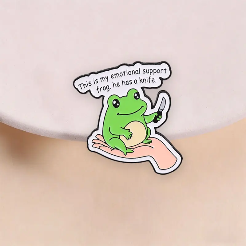 Emotional Support Frog Enamel Badge Funny Frog with Knife Black Humor Quote Cartoon Animal Pin Lapel Decor Brooch Jewelry Gift
