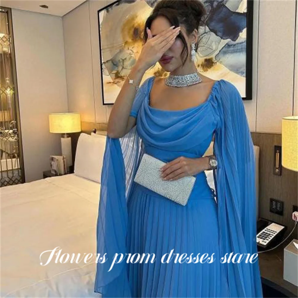 

Flowers Teal Formal Gown Square Neck Off the Shoulder Prom Dresses Long Sleeve Evening Dresses Pleated Modern Style Customized