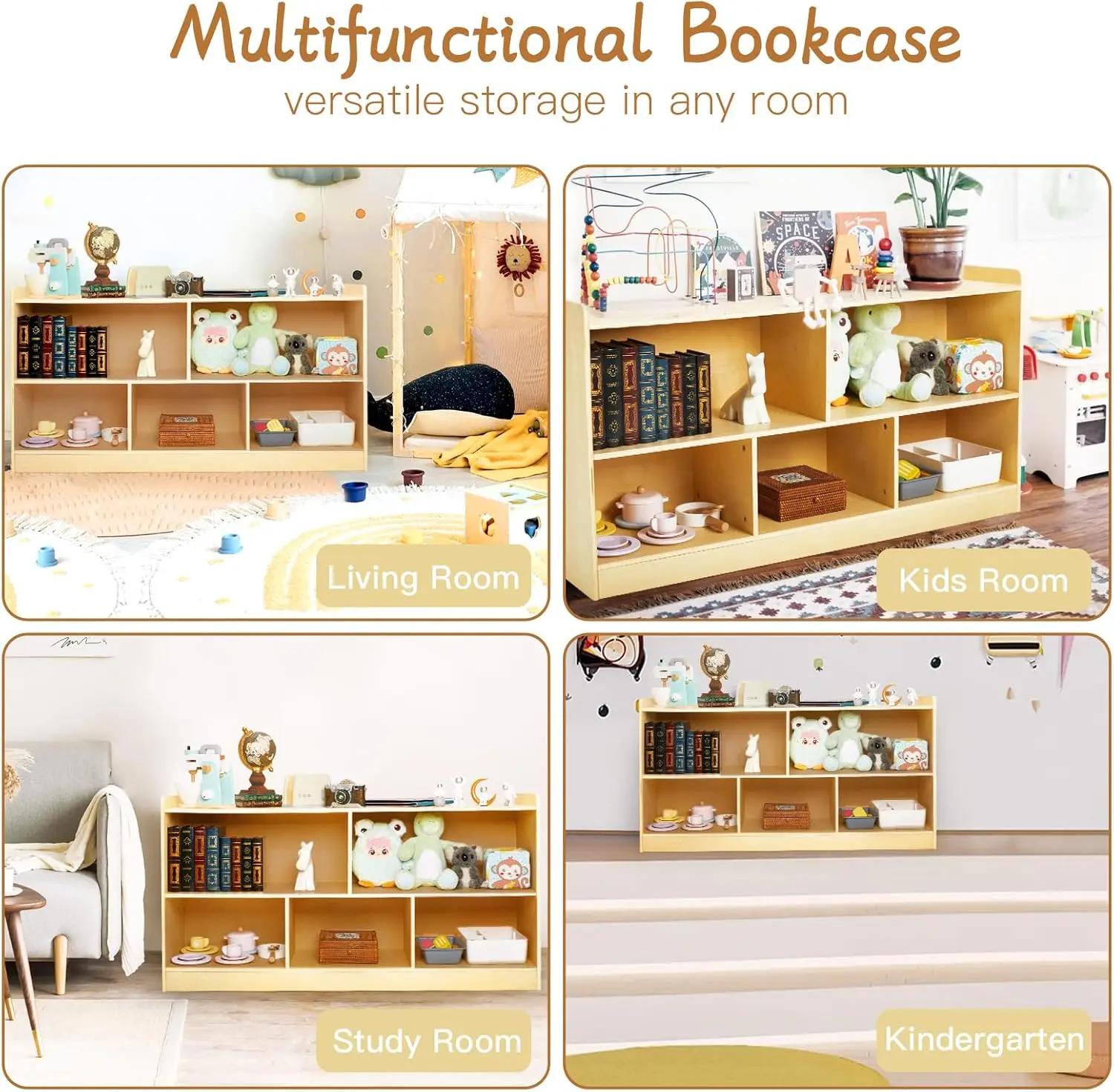 منظم تخزين الألعاب الخشبية من مونتيسوري، خزانة كتب ذات رفين مع 5 أقسام لغرف الأطفال وغرفة اللعب والحضانة