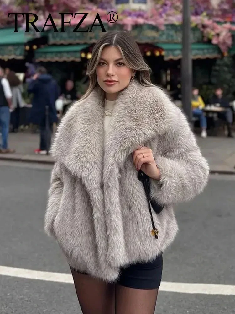 TRAFZA Winter Fashion Faux Fur Jacket for Woman Elegant Loose Long Sleeve Lapel Warm Coats Pocket Female Chic Open Front Outwear