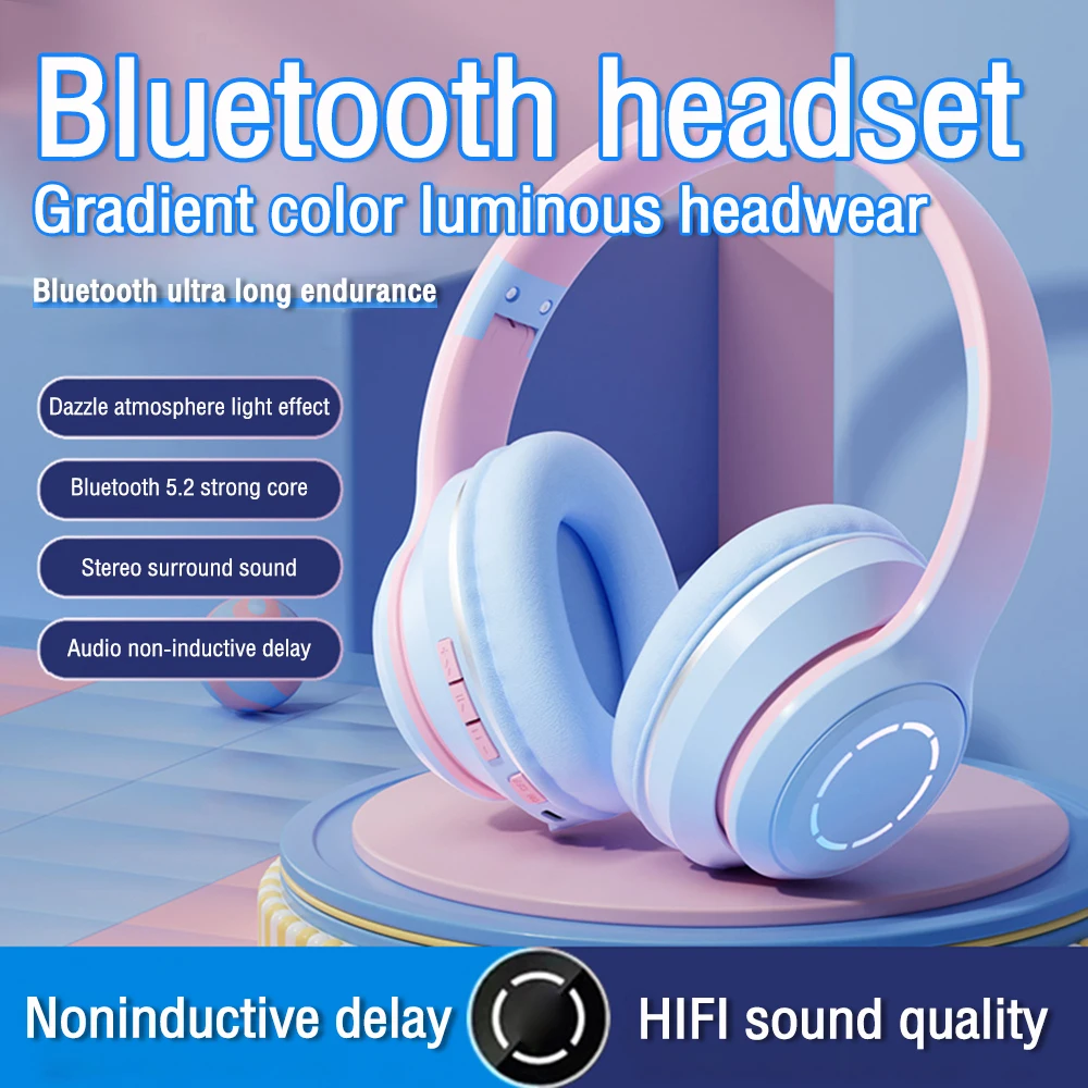 

2024 Gradient Color Bluetooth Headphone Wireless Music Headset LED Light With Mic Gamer Earphone Kids HIFi Stereo Earphone