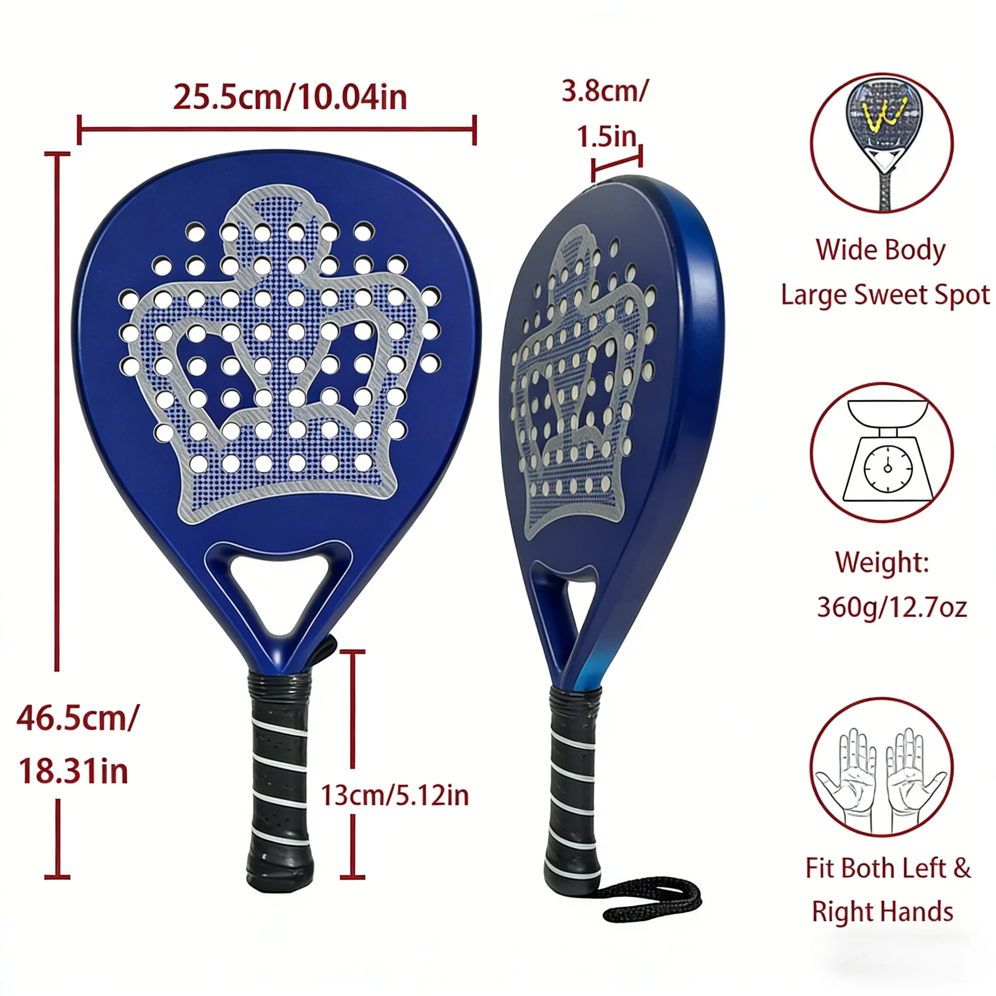 3 Farben Crown Padel-Schläger aus Kohlefaser mit Logo-freier Tragetasche, Crown Hole Design für Erwachsenentraining und Wettkämpfe – Detail 8
