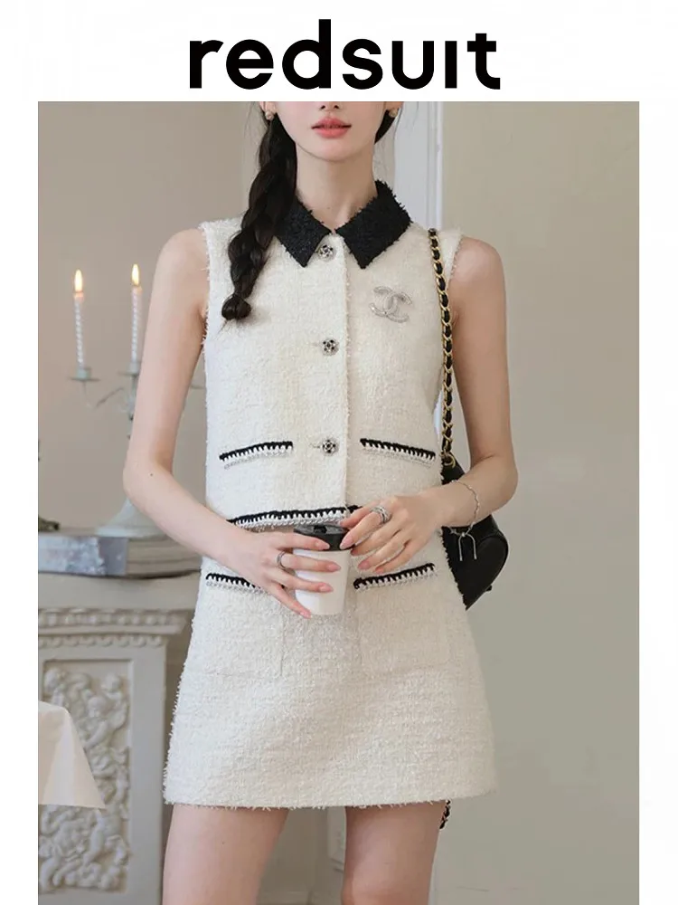 New Black and white contrasting coarse woolen coat+half skirt set