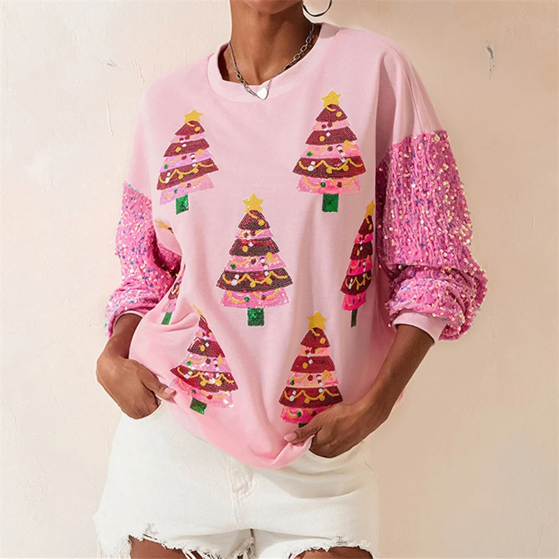 Women Christmas Glitter Patchwork Hoodies Vintage Tshirt Harajuku Long Sleeve Sweatshirt Autumn Winter Streetwear Clothes