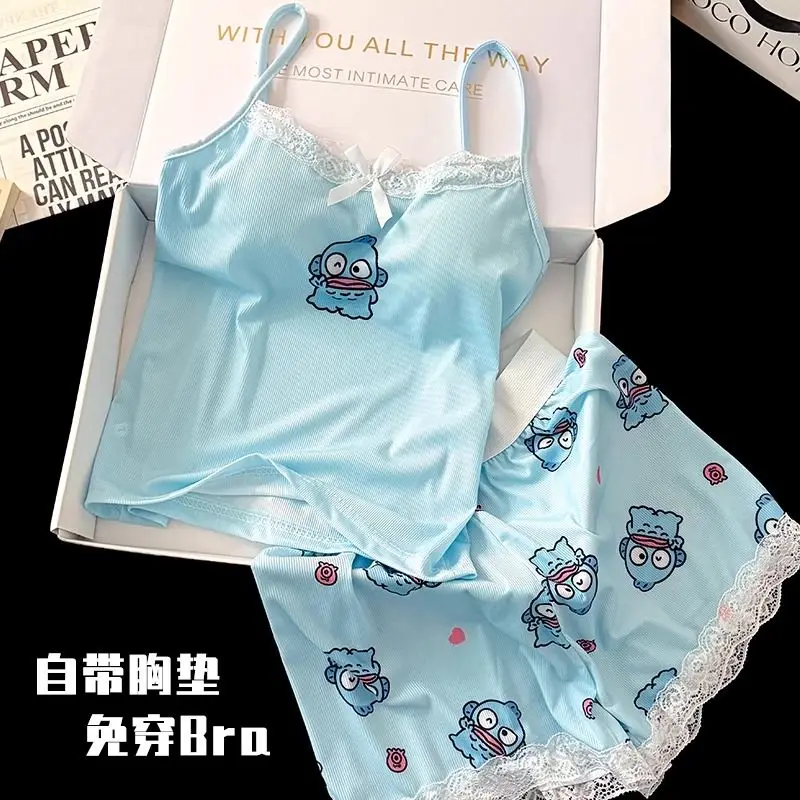 

Sanrio Anime Ugly Fish Sleepwear Women's Summer Sleeveless Strap Top Sexy Ice Silk with Chest Mat Home Clothes Two Piece Set