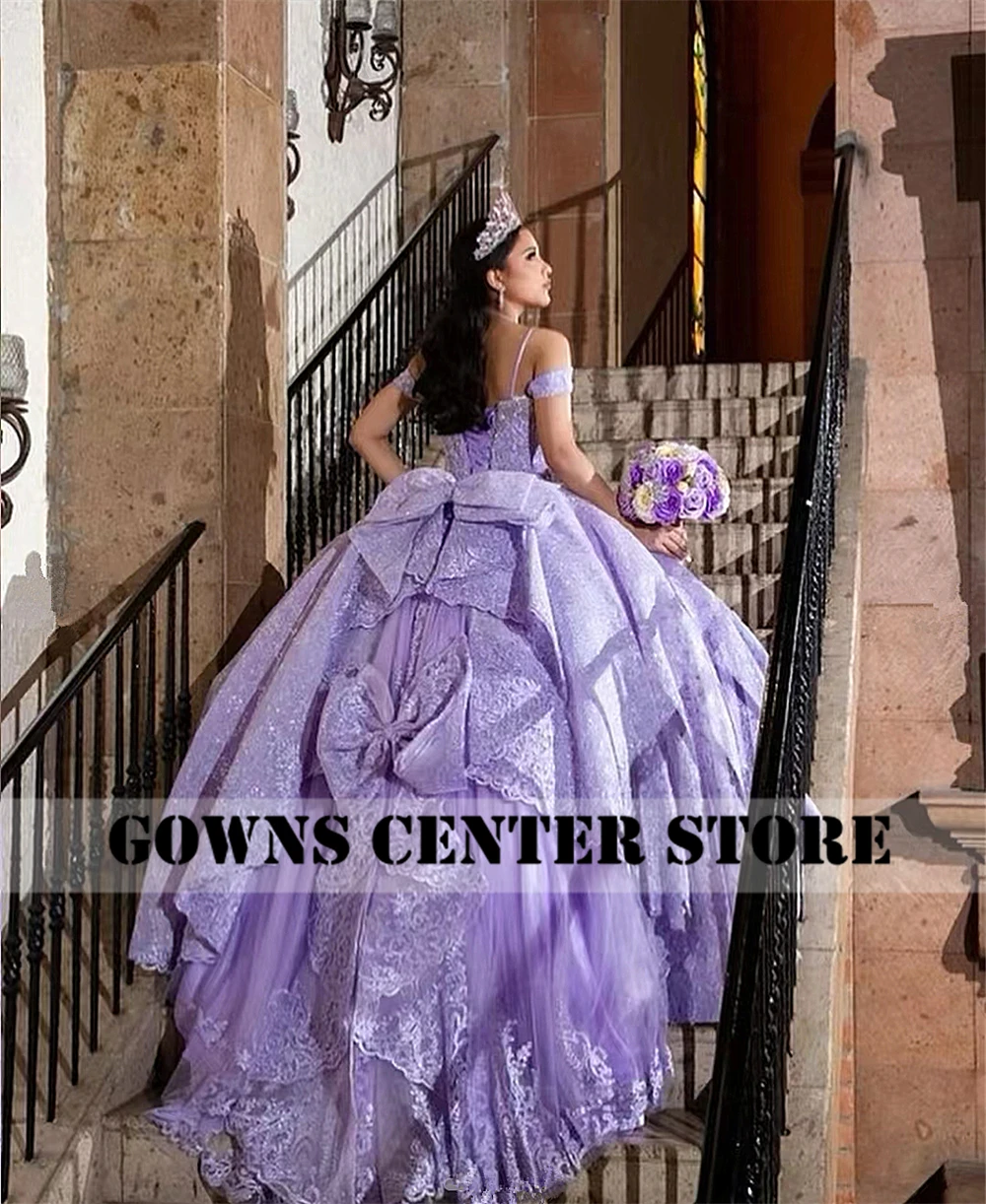 Vestido de baile Quinceanera com arco, Vestido de princesa com renda lavanda, Laço lavanda, ombro, doce, 15, 16