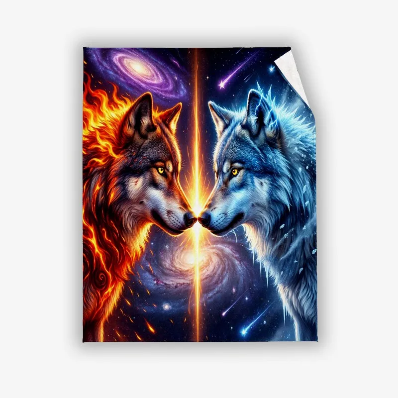 Fire Ice Wolf Flannel Blanket, Ultra-fine Fiber Warm Throw Blanket, Galaxy Cosmic Art Print for Sofa Bed
