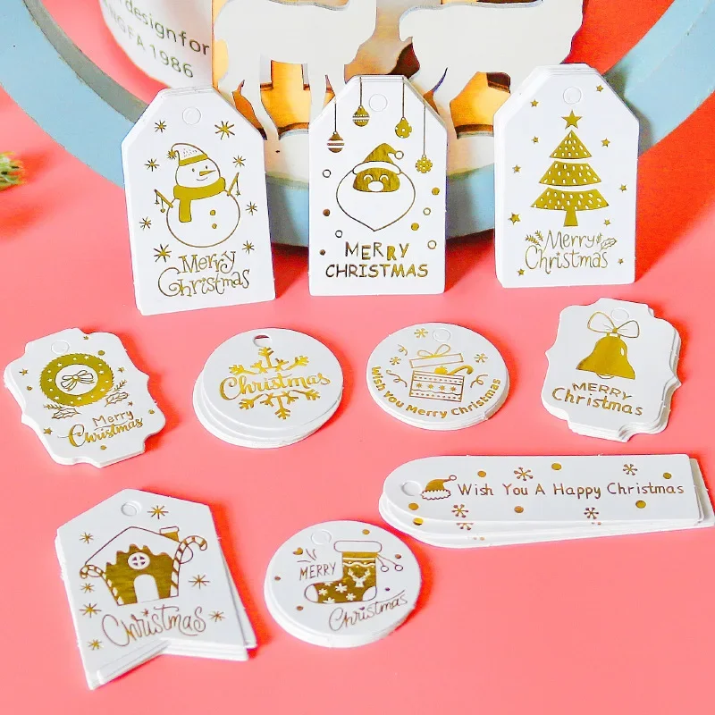 50pcs Merry Christmas Gift Tags Printed White Paper Labels Xmas Tree Hanging Decor Xmas Party Packaging Supplies Cookie Bag Tag