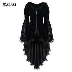 Women Gothic Long Sleeve Cross Irregular Velvet Tuxedo Dresses Lace Hem Medieval Ladies Witch Dress Lolita Cosplay Costume