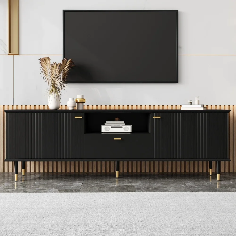 Meuble TV avec compartiments ouverts et tiroirs, surface structurelle laquée, adapté à la décoration de la maison du salon