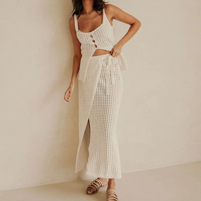 

2026 Spring and Summer Casual Beach Style Sling Split Design Strap Long Dress Two Piece Set