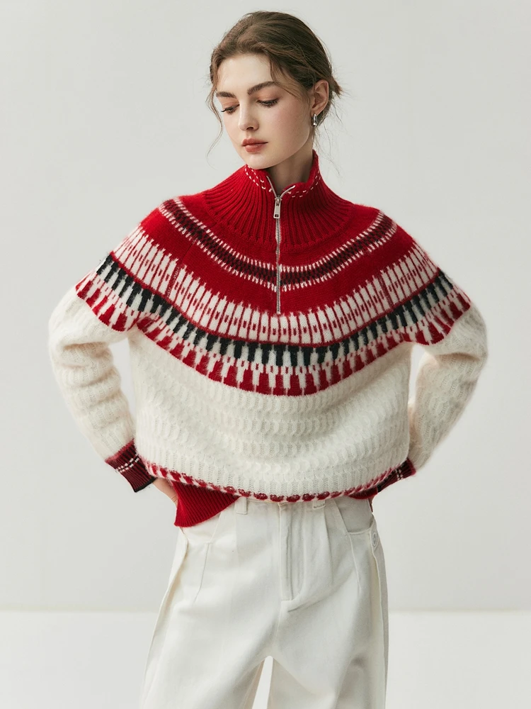 

TLOML New Women Vintage Cashmere Pullover Autumn Winter Thick 100% Cashmere Sweater Jacquard Knitwear Mock Neck Half Zipped Tops