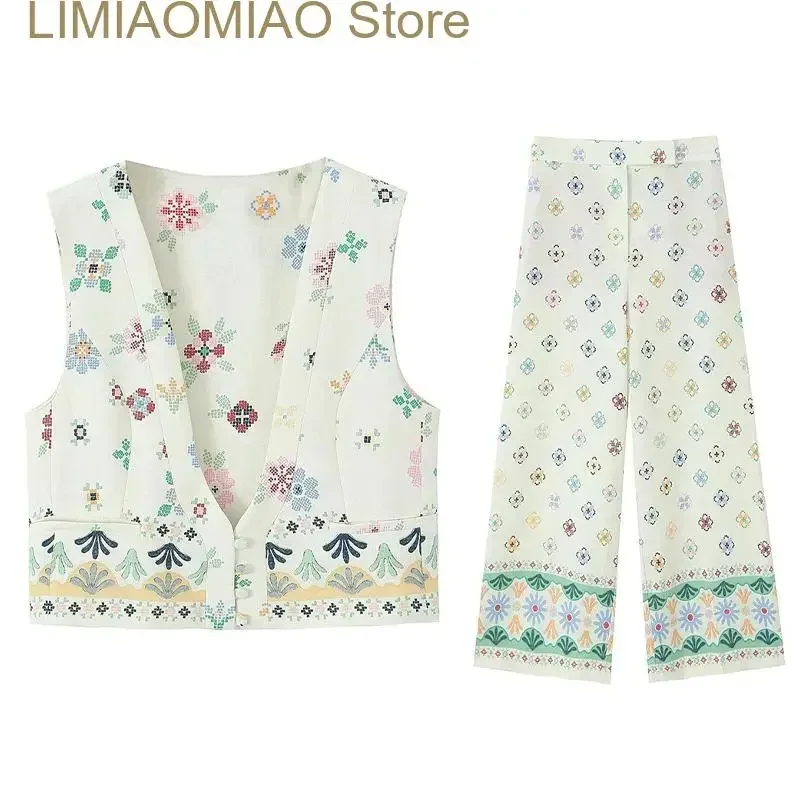 캐주얼 린넨 셔츠 자수 조끼 바지 세트, 등 없는 긴 소매 블라우스, 단추 탑, 여성 정장, 루즈 와이드 레그 팬츠 세트, 신상