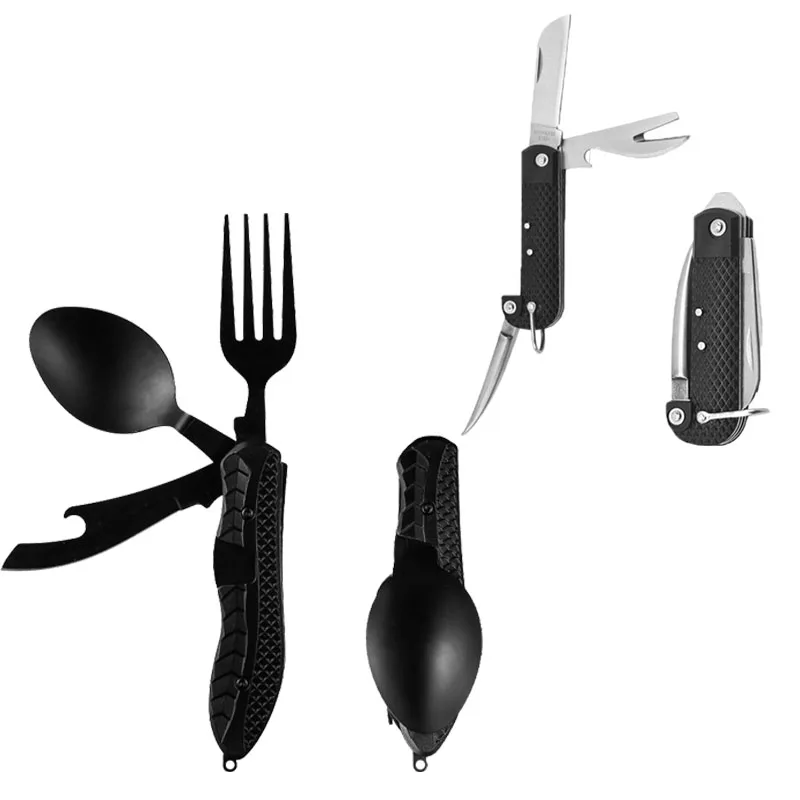 

Outdoor Camping Portable Stainless Steel Foldable Spoon Fork Knife Bottle Opener Combo Set Cutlery Home Multitool Tableware