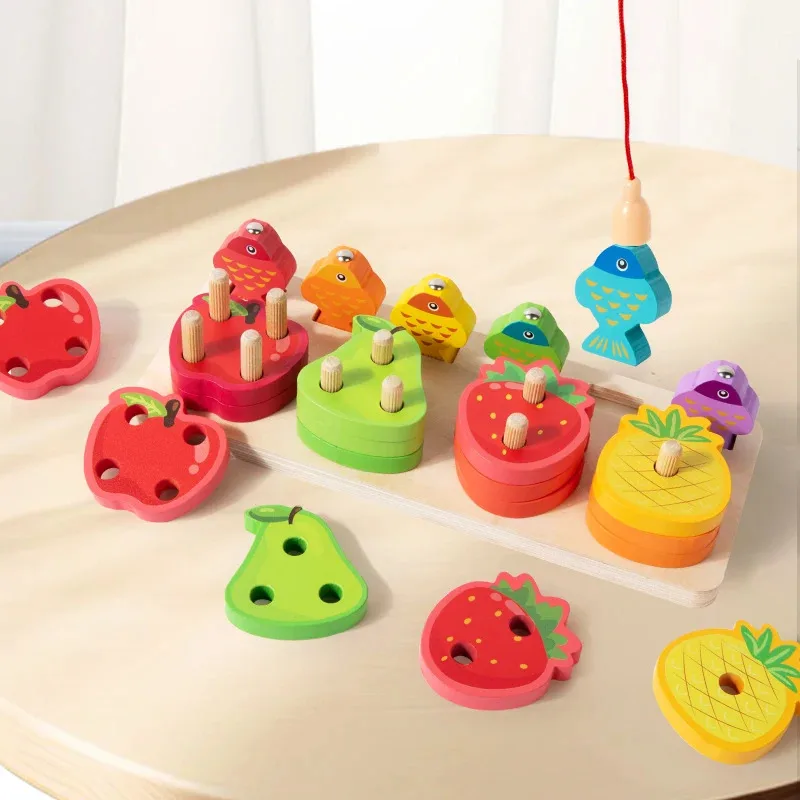 TEMIKIDS Kinderen Vroeg Onderwijs Puzzel Speelgoed Intellectueel Stapelen Houten Speelgoed Kleurherkenning Fruit Classificatie Fis