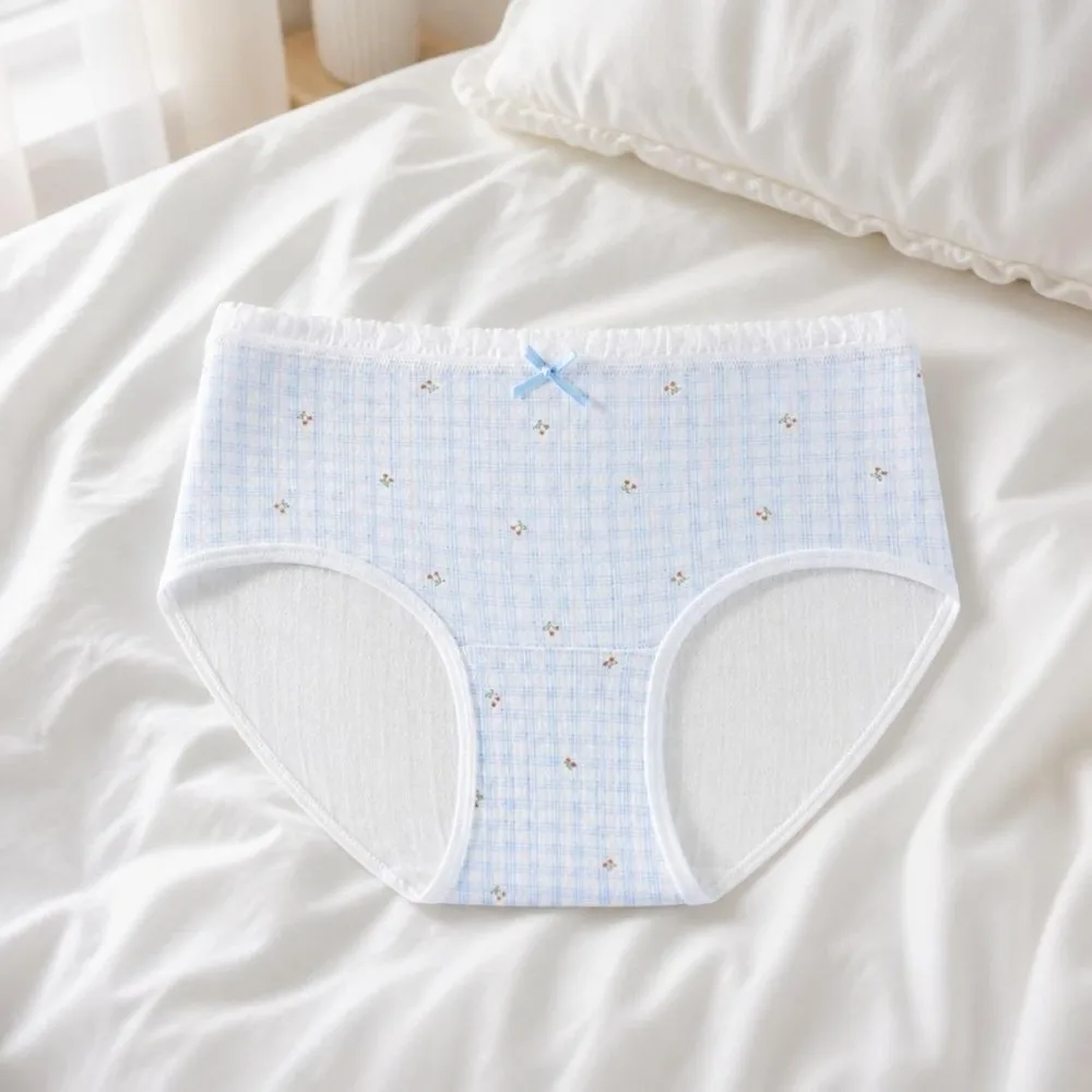 Print Design Cotton Women's Underwear Lingerie Bow Girl Sweet Briefs Mid Waist Stripe Grid Triangle Panties Girl