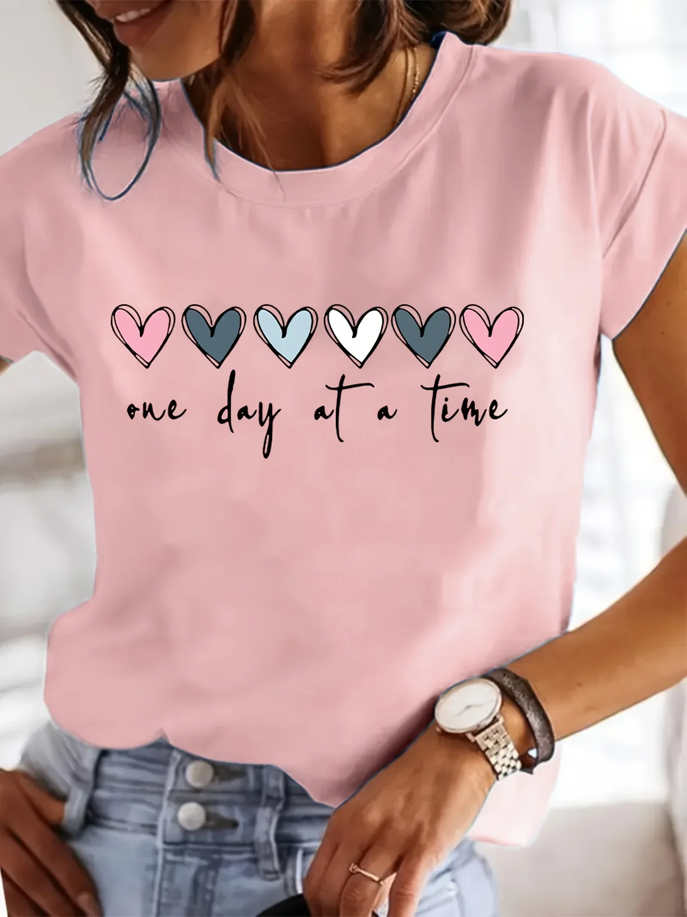Women'S Casual Graphic T-Shirt - It'S One Day at a Time Heart Print, Short Sleeve Round Neck Top Fashion Kawaii Y2K Clothing