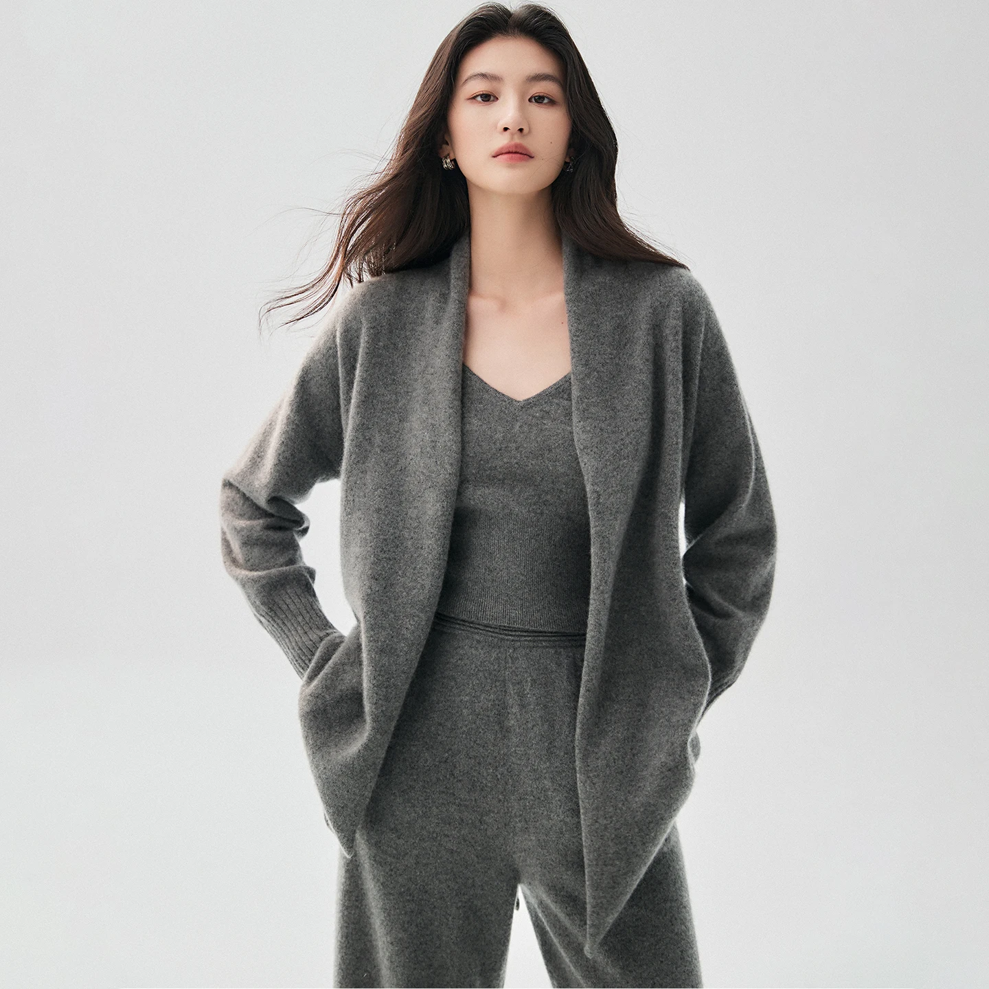 CHICUU Women 100% Cashmere Cardigan Vest Pants Suit High Quality Cardigan Sweater Wide Leg Pants V-neck Vest Knitwear Autumn view 5