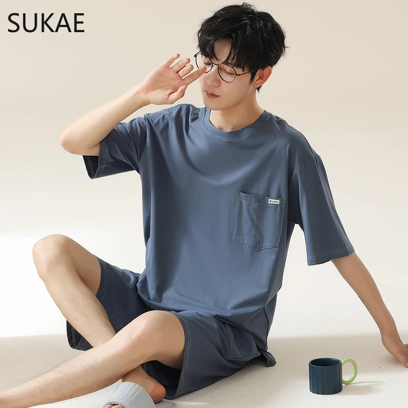 SUKAE Summer Men Sleepwear Cotton Pajamas Set Short Sleeves Shorts Nightwear for Boy L-3XL Young Man Pijamas Pullover Homesuits