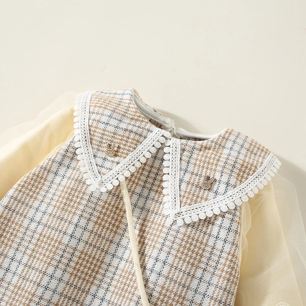 New Winter Baby Girls Dress Bubble Sleeve Lapel Plaid Pattern Fake Two + Diagonal Treasure Flower Sweet Princess Dress