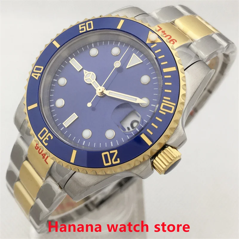 Imagem -03 - Bliger-relógio de Mergulho Automático Masculino Prateado e Dourado Mostrador Corona Azul Estéril Cristal de Safira Nh35 Pt5000 40 mm Aço Inoxidável