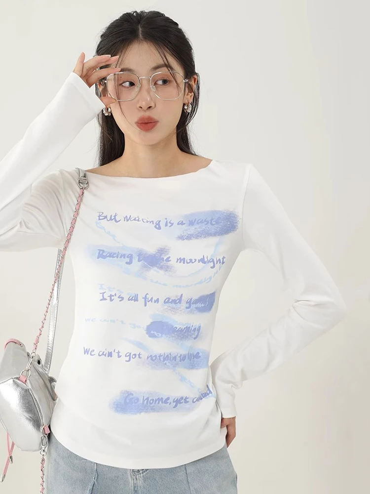 Women Letter Print Long Sleeve T-shirt 2024 Autumn New Slim Tees Female Fashion Vintage Streetwear T-shirt Y2k Tops