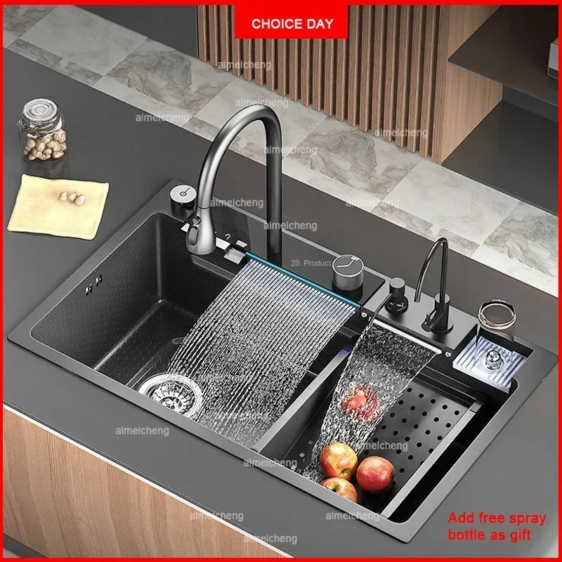 Stainless Steel Kitchen Waterfall Sink Digital Display Large Single Sink Dish Basin Sink With Multifunction Touch Waterfall