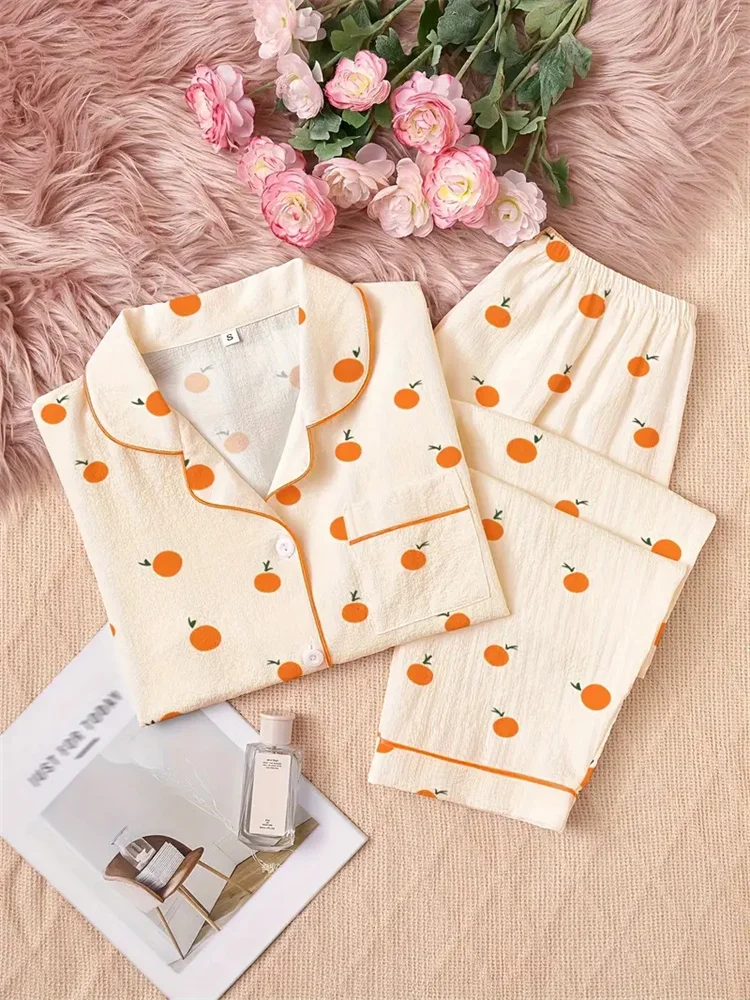 Student Cute Home Night Wears for Sleeping 2 pcs Nightgown Korean Style AutumnWinter Pajama Sets Women Sleepwear Orange Print