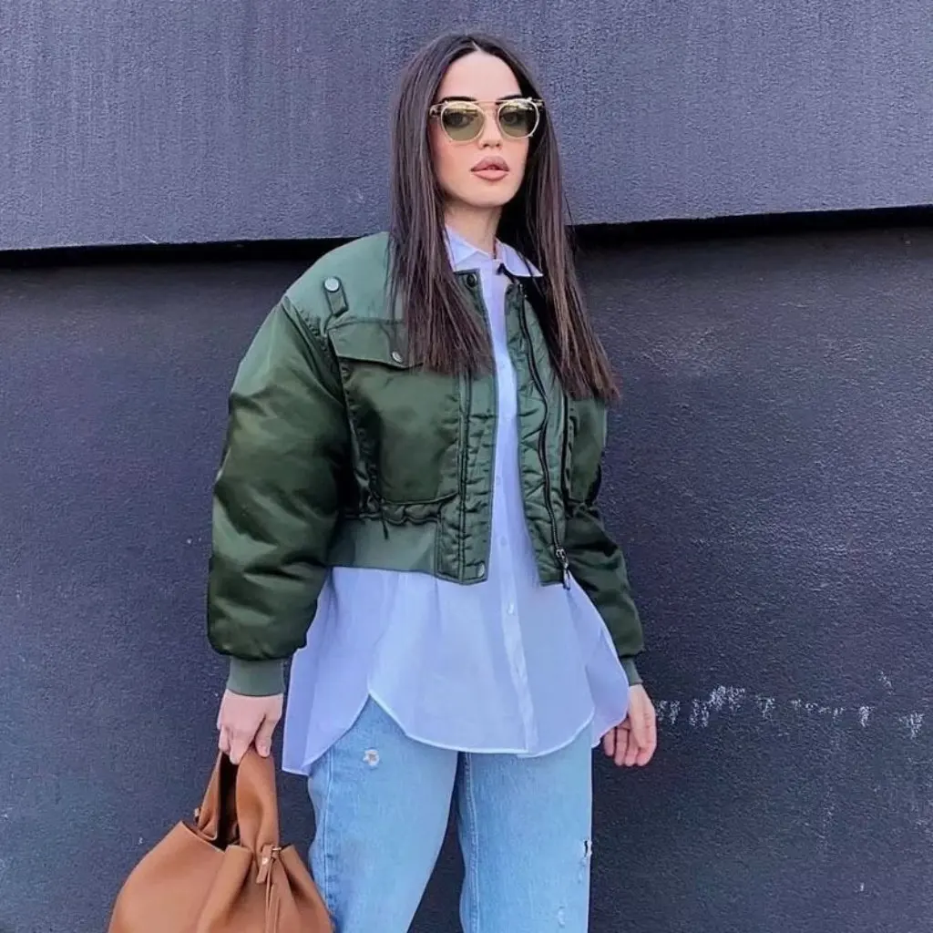 

Women's Street Style Baseball Suit Loose Slim Aviator Jacket Short Cotton Coat Casual Winter Outerwear