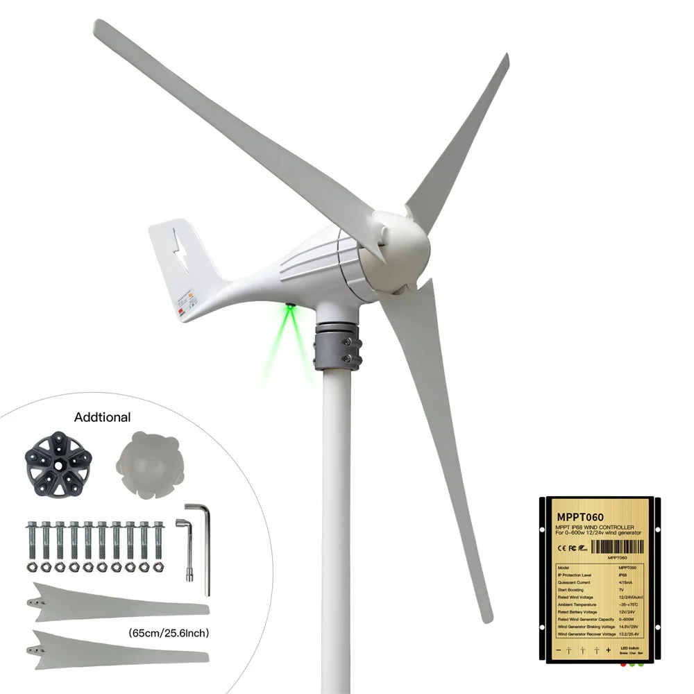 600W 12V 24V AC Small Wind Turbine Generator Set With Controller Windmill, LED Indicator Light, 3, 5, 6 Wind Blade Assembly