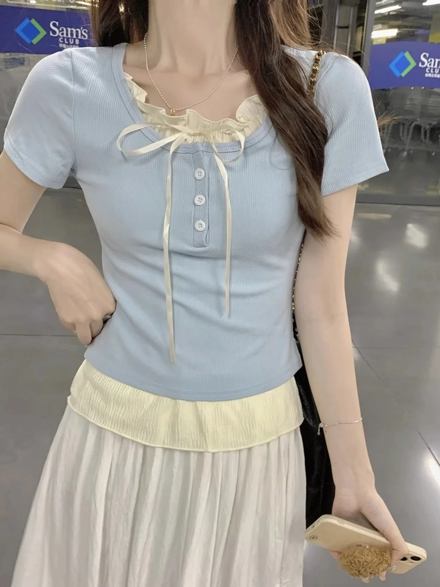 

Ballet Style Women's Short Sleeve T-Shirt Summer Inner Wear Design Sweet Slimming Beautiful Top Knot Tie Women's Fashion