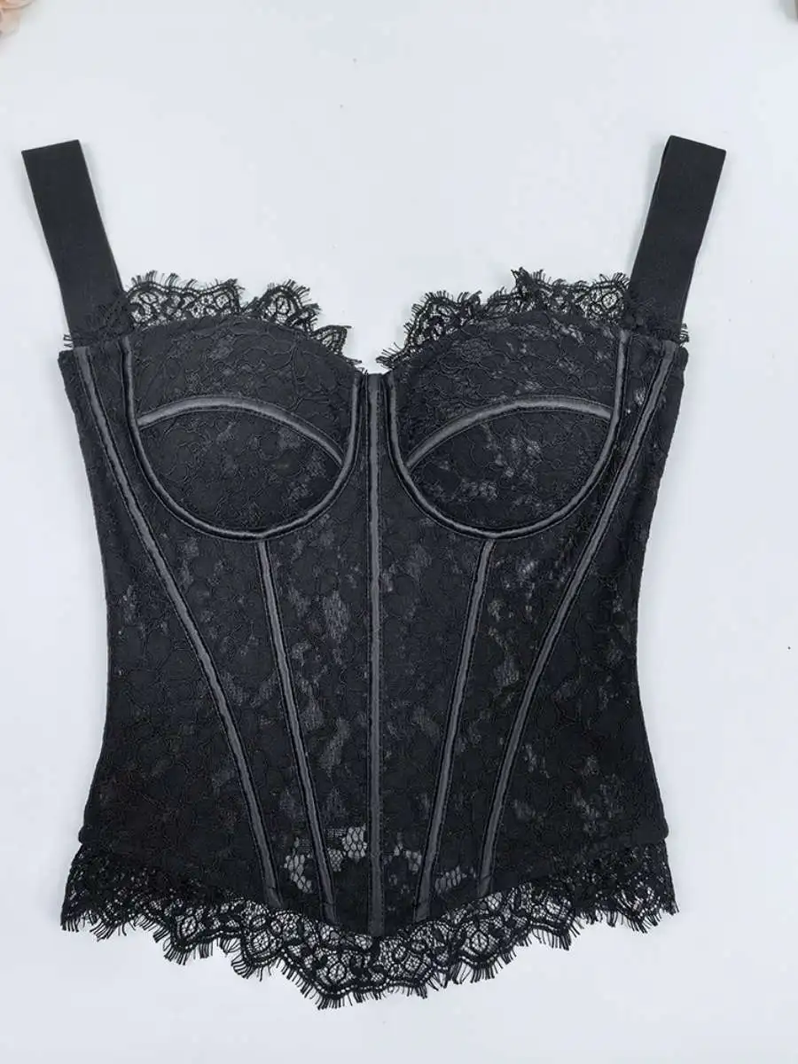 

Trendy Lace Trim Knitted Tight Top Inner Fibone Brtte European Sle Polyester Fabric Women's Svel Vest