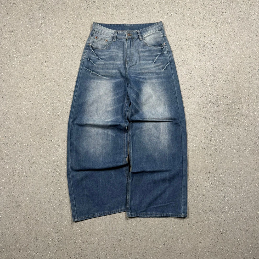 OEM Custom Men Vintage Black Wash Baggy Jeans Wide Leg Faded Denim Pants for Streetwear Clothing Brands