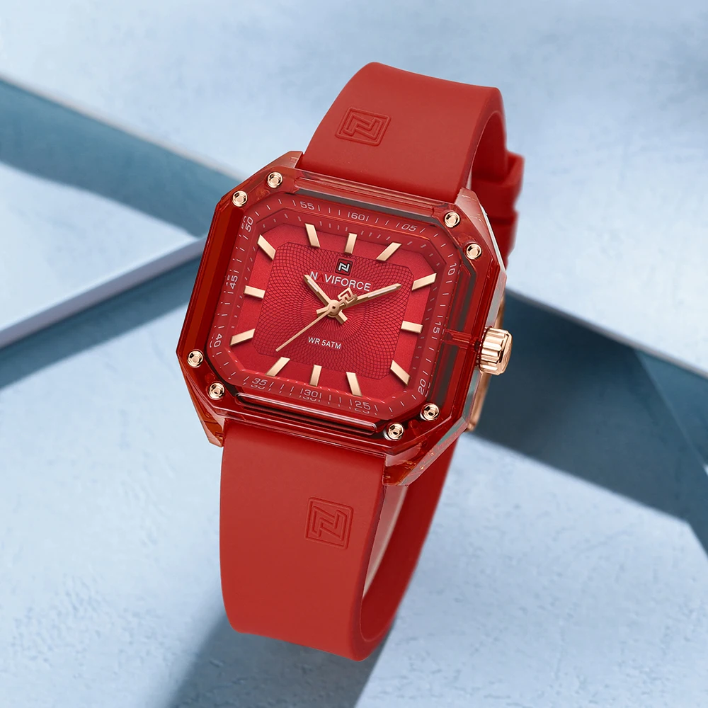 NAVIFORCE NF7106 Luxuriöse quadratische Uhr für Damen, wasserdicht, leuchtende Damenuhr, TPU-Armband, Quarzuhren