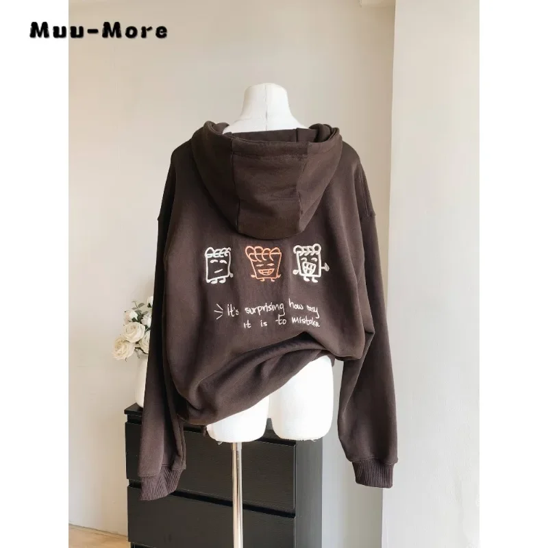

2023 Winter Women's Vintage Long Sleeve Printting Sweatshirts American Retro Hooded Drawstring Female Fashion Solid Loose Top