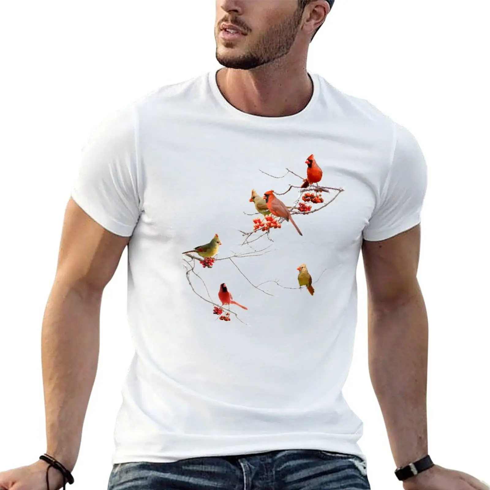 Cardinals Perching On Branches T-Shirt Sweat Resistant Workout Tee Shirt
