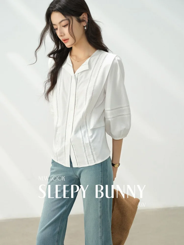 

Elegant Vintage Casual Puff Sleeve Lace Blouse White Hollow Out Lantern Sleeve Shirt Slim Waist Top Women Retro Chic Daily Wear