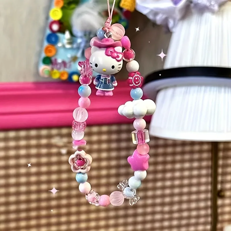 

Sanrio Hello Kitty Cell Phone Rope Chain Anime KT Pendant Bead Strand Bracelet Dangle DIY Jewelry Accessories Keychain Girl Gift