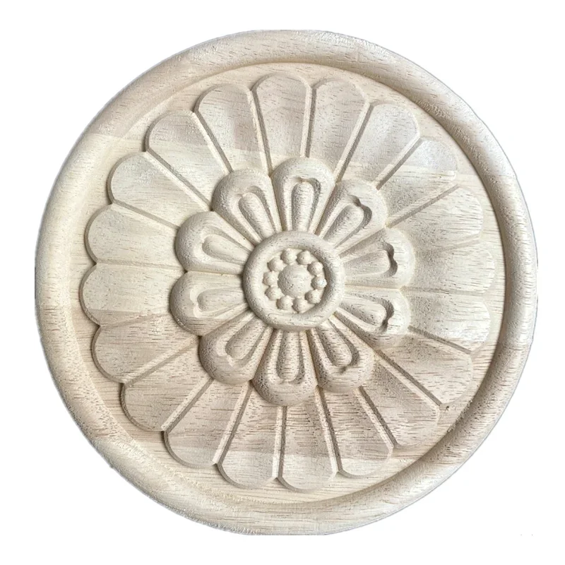 15-24cm Carved Unpainted Exquisite Round Floral Leaves Rubber Furniture Window Corner Wood Applique Onlay Wood Figurines